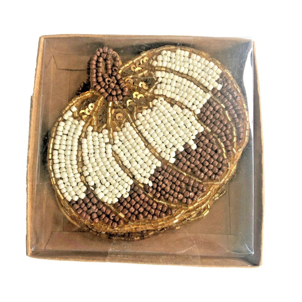 Thanksgiving Pumpkin Drink Coasters Fall Beaded Satin Lined Halloween Set of 4